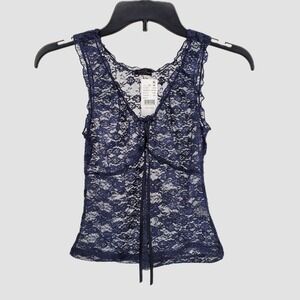 John Galt Brandy Melville One Size Navy Blue Floral Lace Tie Front Tank Top New